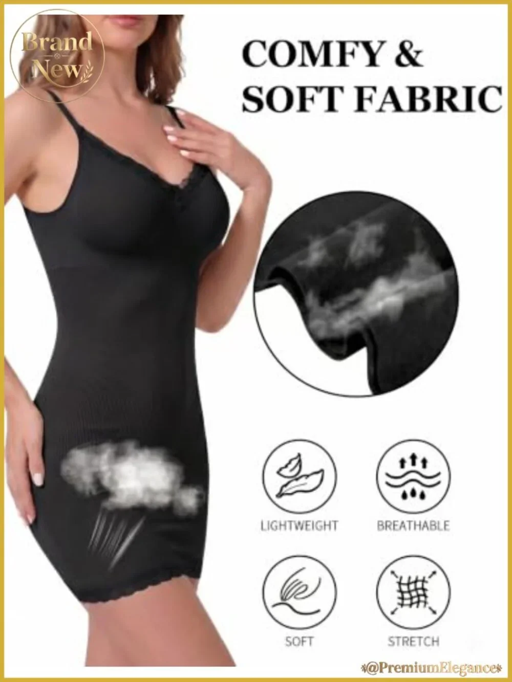 Shapewear Full Slip Dress V-Neck Lace Trim Adjustable Straps Nylon Spandex